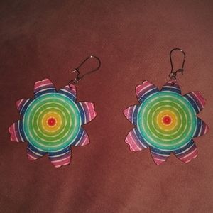 Wood Rainbow Floral Mandala Earrings Bohemian Wooden Swirl Flowers Lightweight